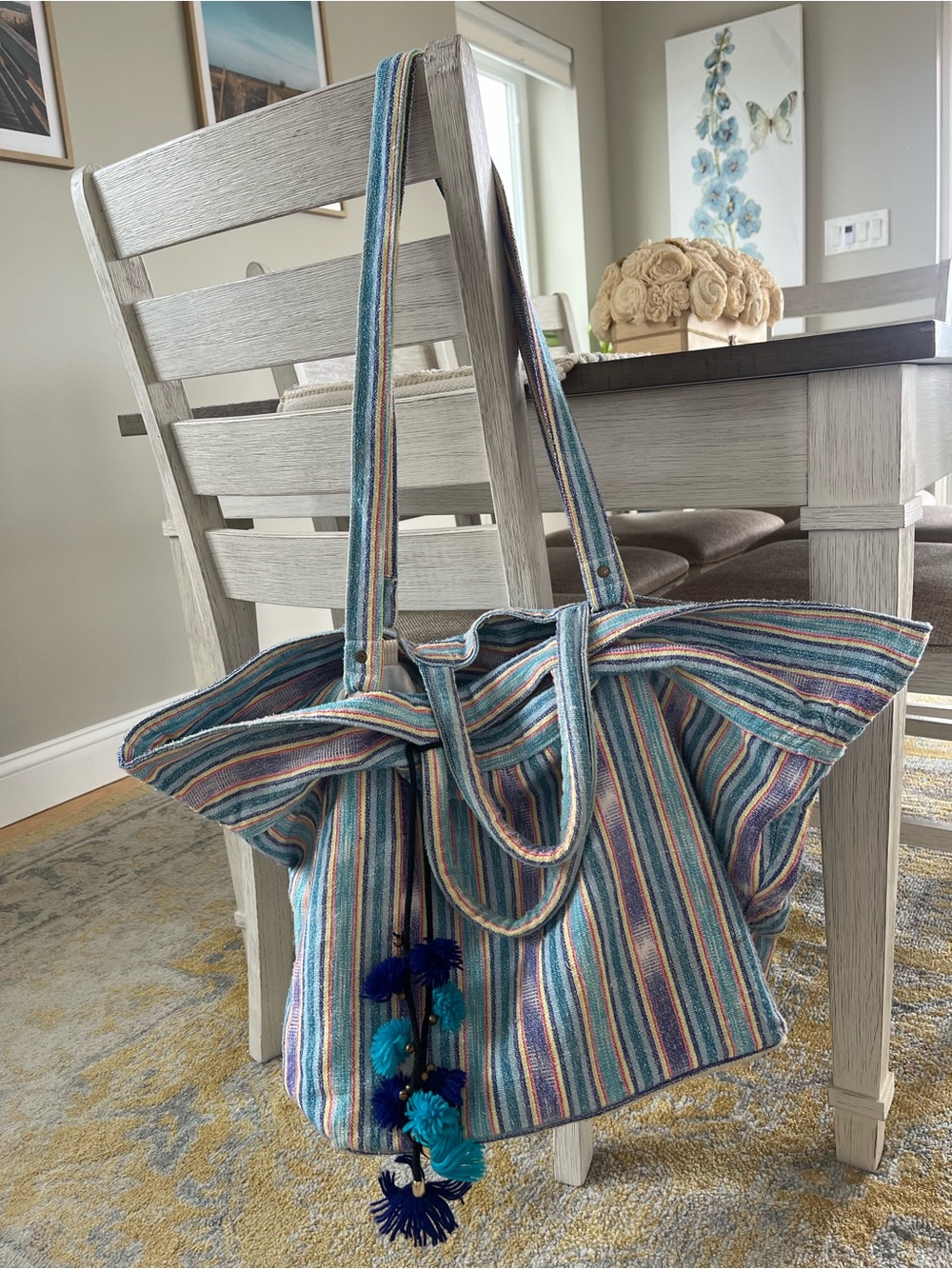 JADEtribe Handwoven Striped Weekender Bag Beach Tote with Tassels / Pom Poms
